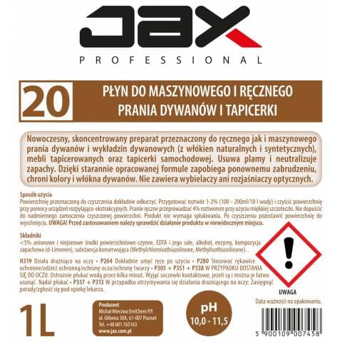 PŁYN DO MASZYNOWEGO I RĘCZNEGO PRANIA DYWANÓW I TAPICEREK JAX PROFESSIONAL 20 1l