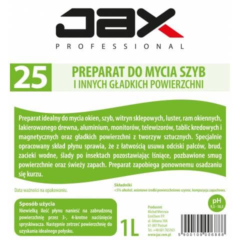 PŁYN DO MYCIA SZYB I INNYCH GŁADKICH POWIERZCHNI JAX PROFESSIONAL 25 1l