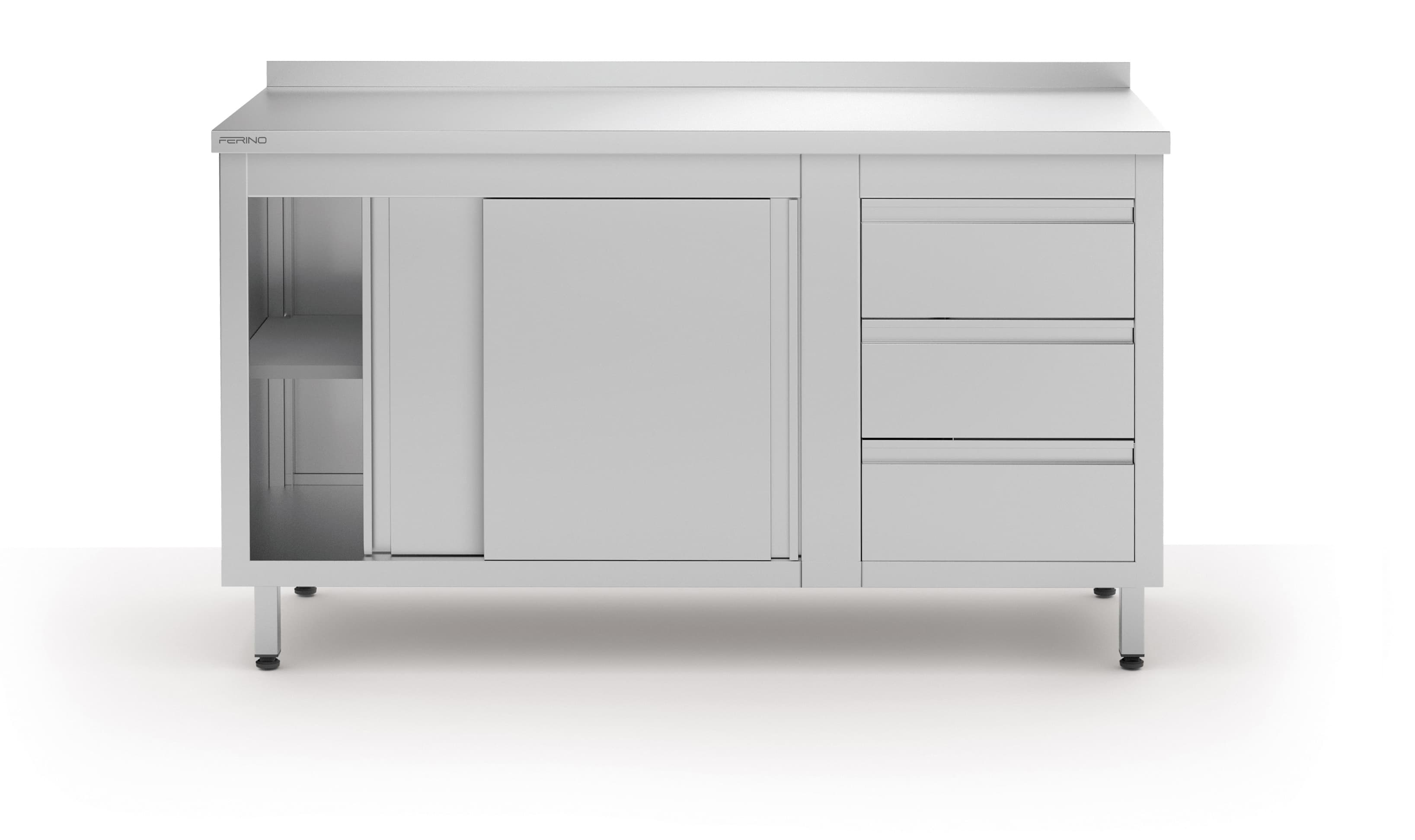 Stół przyścienny z szafką z drzwiami suwanymi i trzema szufladami, prawy 1400x600x850 mm