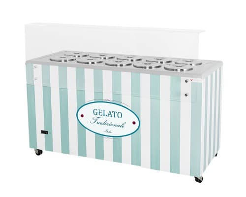 Dystrybutor do lodów | witryna do lodów | konserwator | retro | 10 tub | okrągłe kuwety | 1503x670x895 mm | GELATO POZETTI 10 PASTEL BLUE