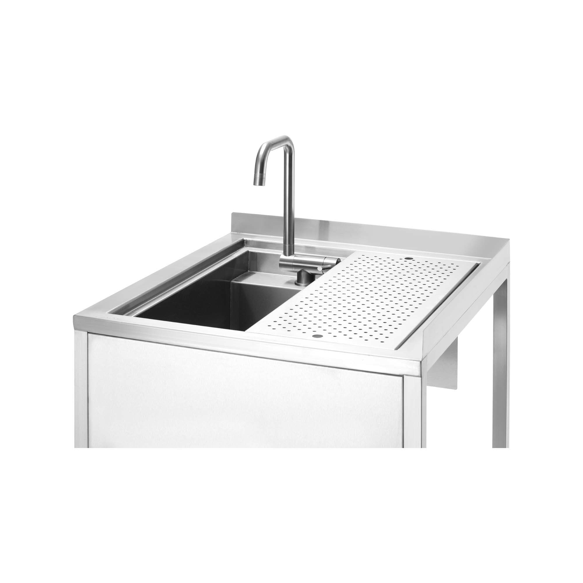 Narożny stół Oxygen Hybrid z ukrytą komorą zlewową i myjką do płukania dzbanków, 650x650x(h)900mm
