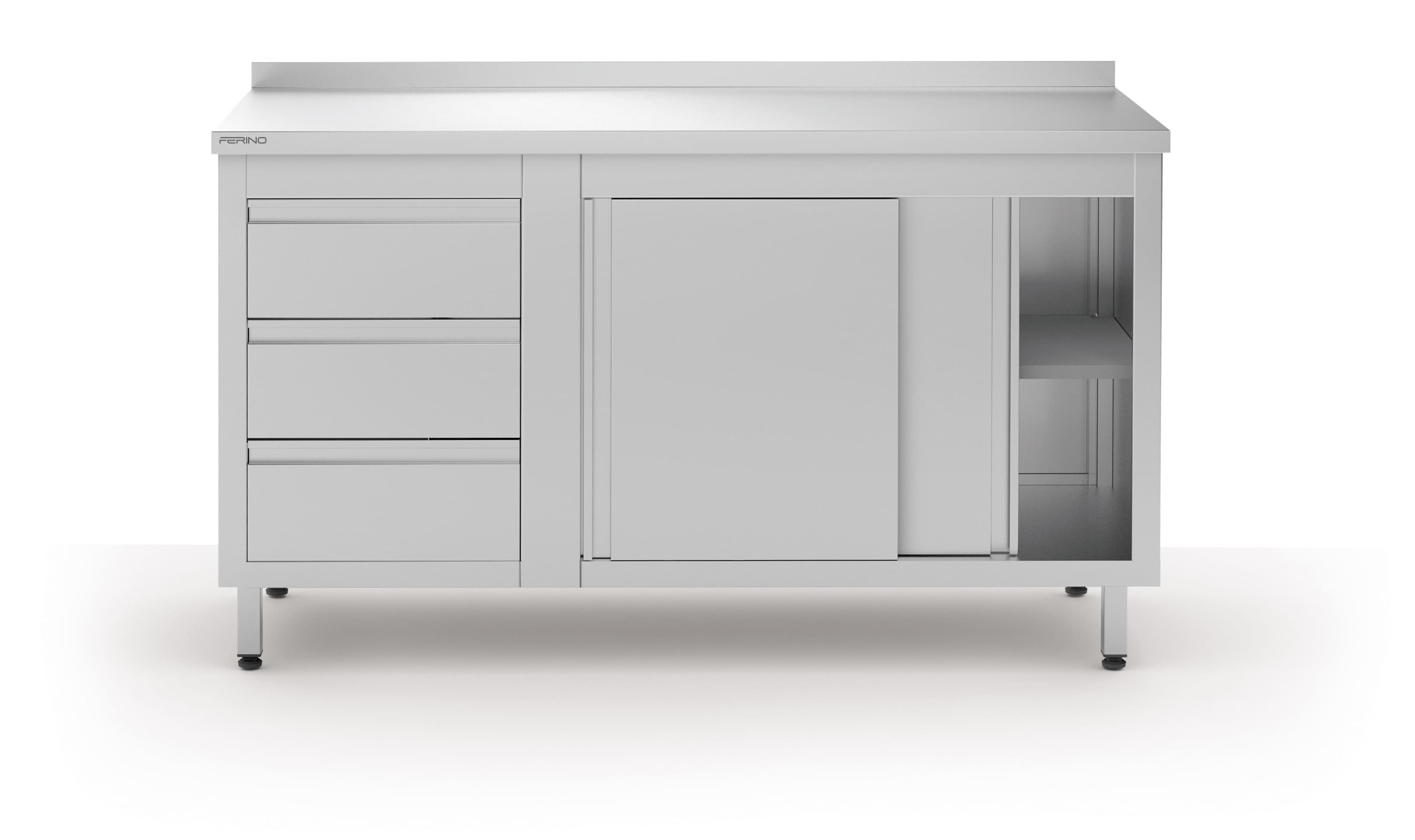 Stół przyścienny z szafką z drzwiami suwanymi i trzema szufladami, lewy 1600x600x850 mm