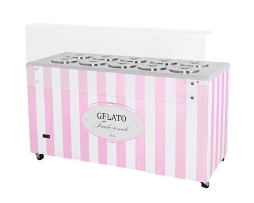 Dystrybutor do lodów | witryna do lodów | konserwator | retro | 10 tub | okrągłe kuwety | 1503x670x895 mm | GELATO POZETTI 10 PINK